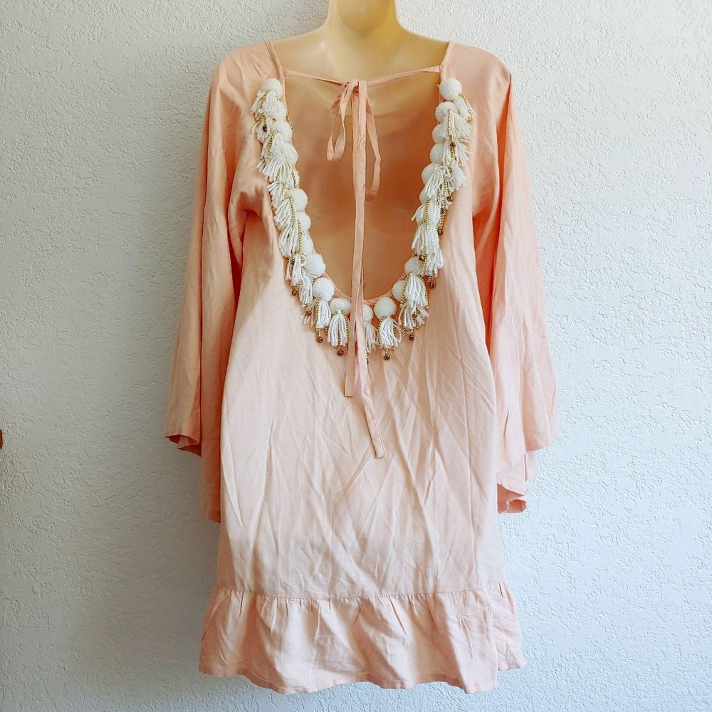 Sundress Indiana Peach Orange Pom Pom Cover Up Mini Dress XS SMALL Bell Sleeves